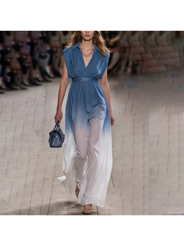 Women's Ombre Color Sleeveless Lapel Jumpsuit - Realyiyishop.com 