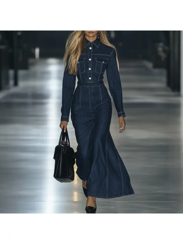 Casual Slim Fit Retro Waist Long Sleeve Denim Dress - Realyiyishop.com 