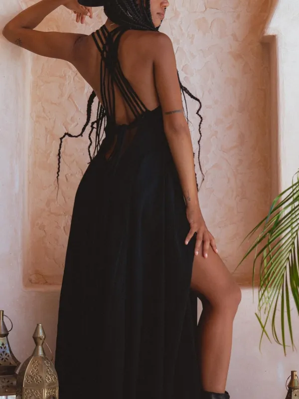 Elegant Black Maxi Dress With High Slit - Sunshinenice.com 
