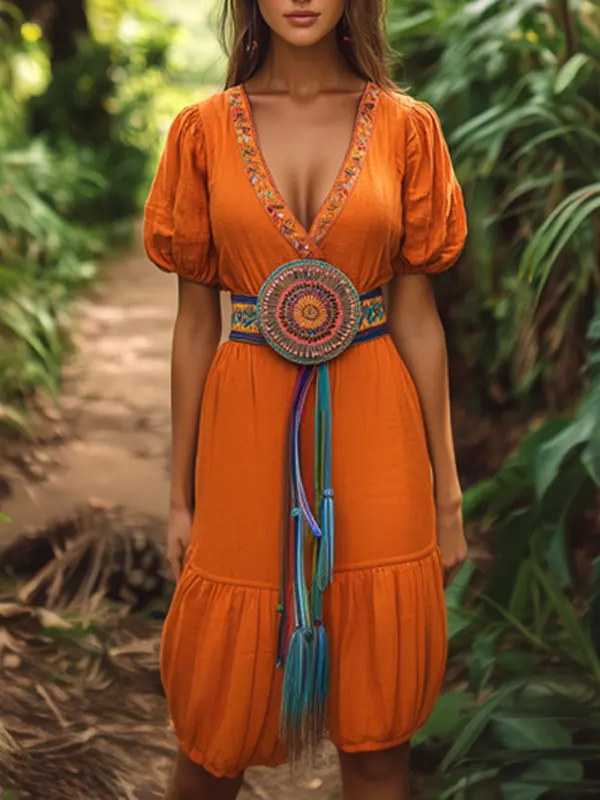 Women's Bohemian Orange Dress With Embroidered Waist Belt - Sunshinenice.com 