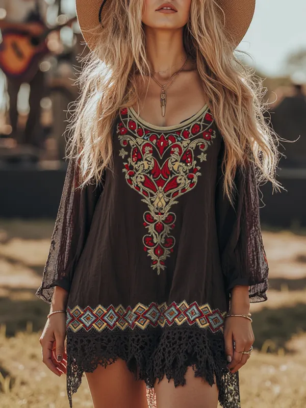 Music Festival Holiday Party Holiday Leisure Bohemian Retro Embroidery Dress - Sunshinenice.com 