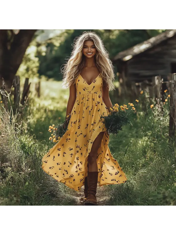 Spring Girl Green Pastoral Style Floral Long Vintage Dress - Aptkoi.com 