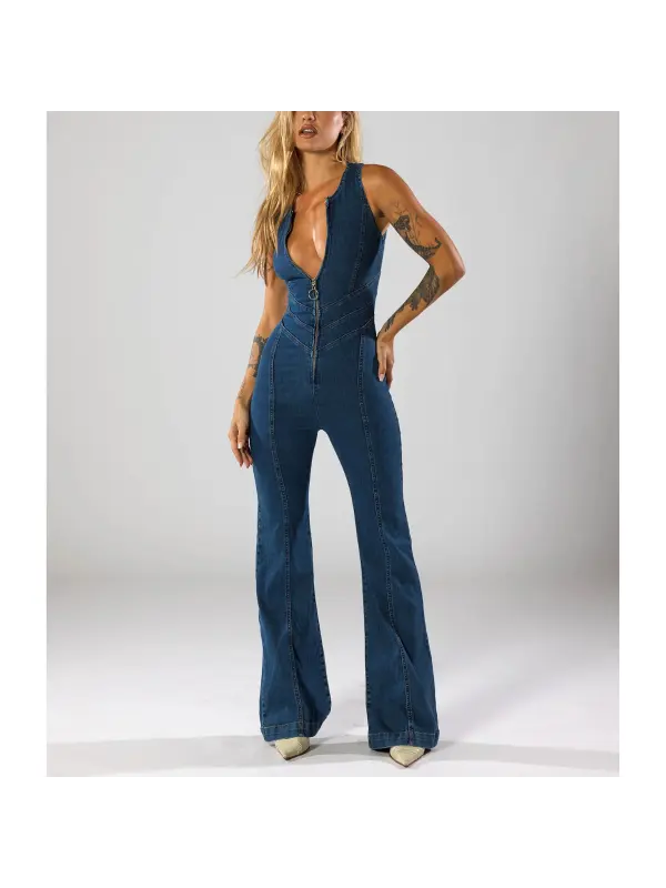 Blue Denim Jumpsuit With Heart Cutout Back And Zipper Front - Aptkoi.com 