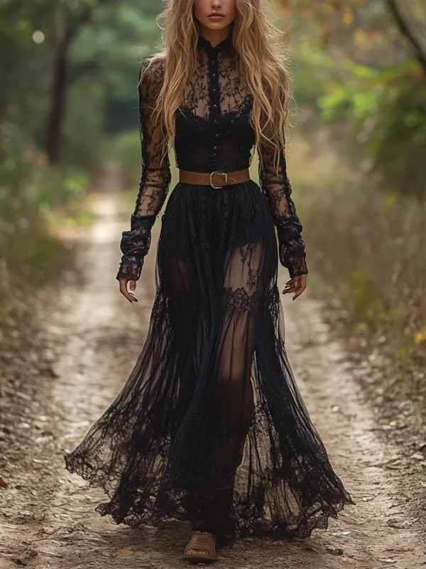 Retro V-neck Lace Women's Long-sleeved Dress Pastoral Style Lace Retro Long Dress - Sunshinenice.com 