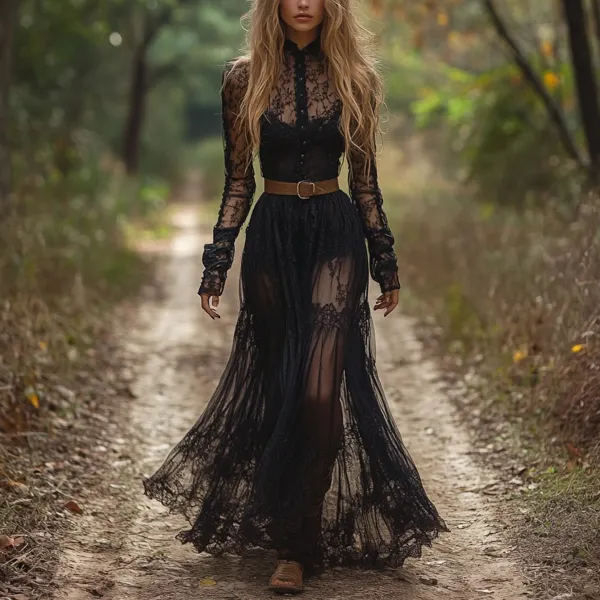 Retro V-neck Lace Women's Long-sleeved Dress Pastoral Style Lace Retro Long Dress - Ootdyouth.com 