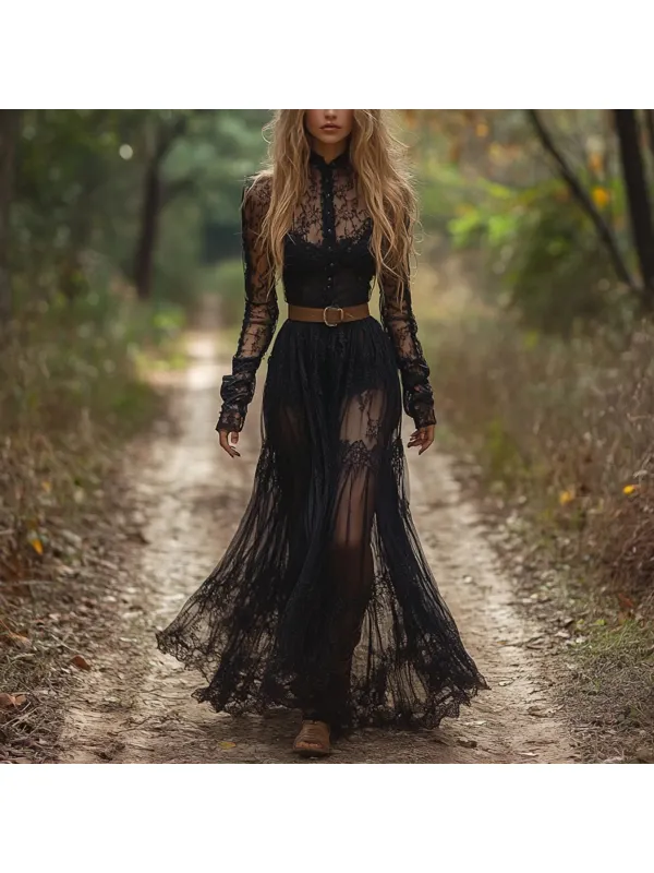 Retro V-neck Lace Women's Long-sleeved Dress Pastoral Style Lace Retro Long Dress - Realyiyishop.com 