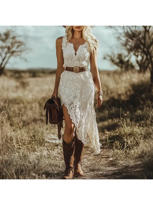 Women's Retro Bohemian White Lace Sleeveless Midi Dress - Viewbena.com 