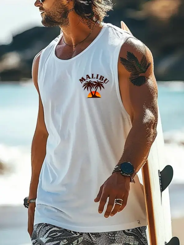 Men's Vintage Palm Tree Surfing Graphic Print Round Neck Sleeveless Muscle Tank Top - Wantbright.com 