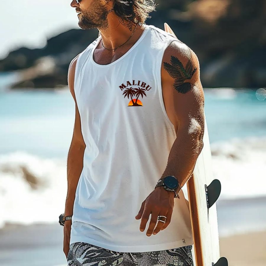 

Men's Vintage Palm Tree California Surfing Graphic Print Round Neck Sleeveless Muscle Tank Top