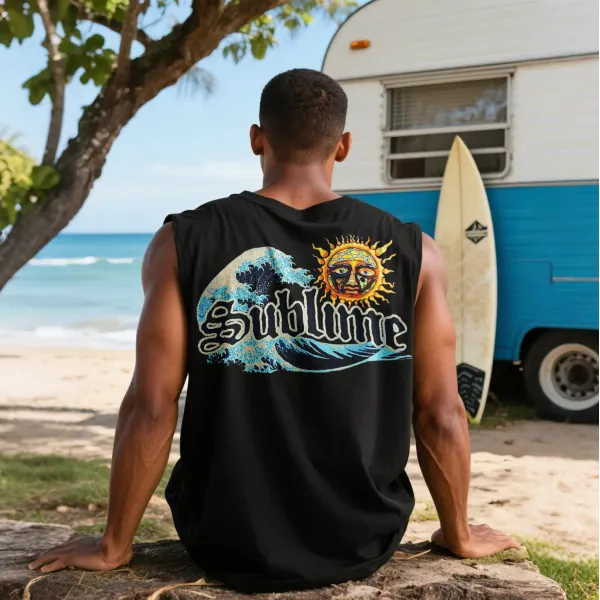 Unisex Oversized Sleeveless T-Shirt Band Sleeveless Top Sun Print Vest - Ootdyouth.com 