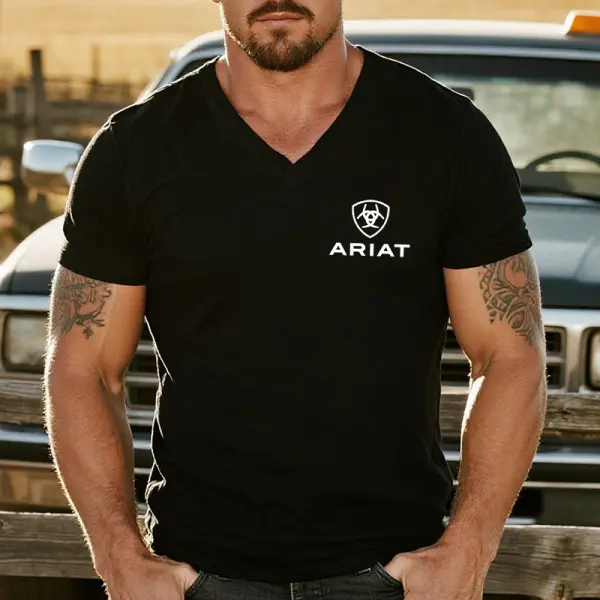 Men's Casual Cotton Graphic Print V-Neck T-Shirt In Black - Wayrates.com 