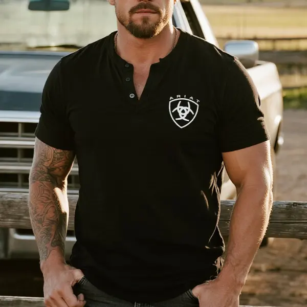 Men's Casual Rustic Style Henley T Shirt In Black - Wayrates.com 