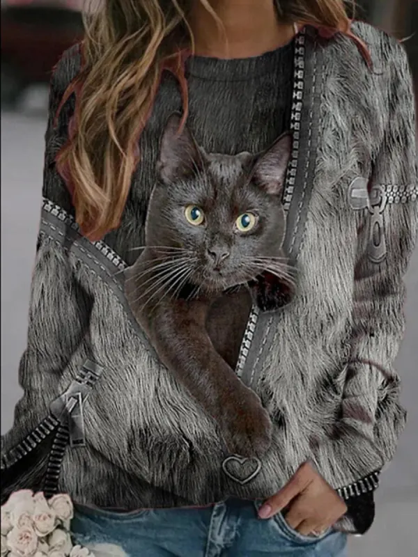Cartoon Cat Casual Long Sleeve T-Shirt - Plazabery.chimpone.com 