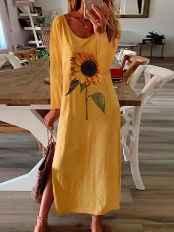 Sunflower Plant Printed Side Slit Long Sleeve Maxi Dress - Plazabery.chimpone.com 