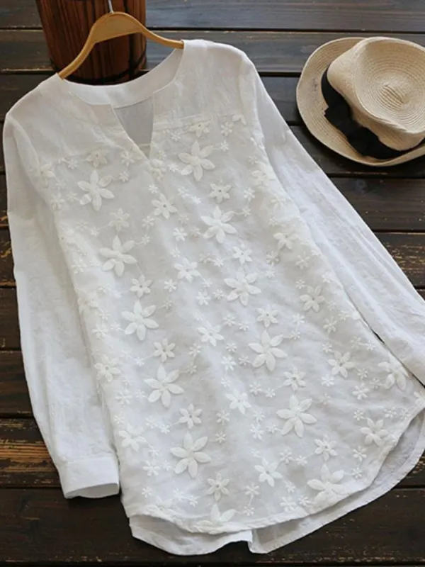 V Neck  Embroidered Patchwork  Embroidery Blouses - Plazabery.chimpone.com 
