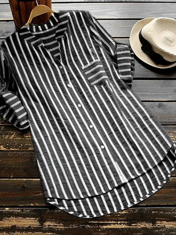 V Neck  Loose Fitting  Stripes Blouses - Plazabery.chimpone.com 