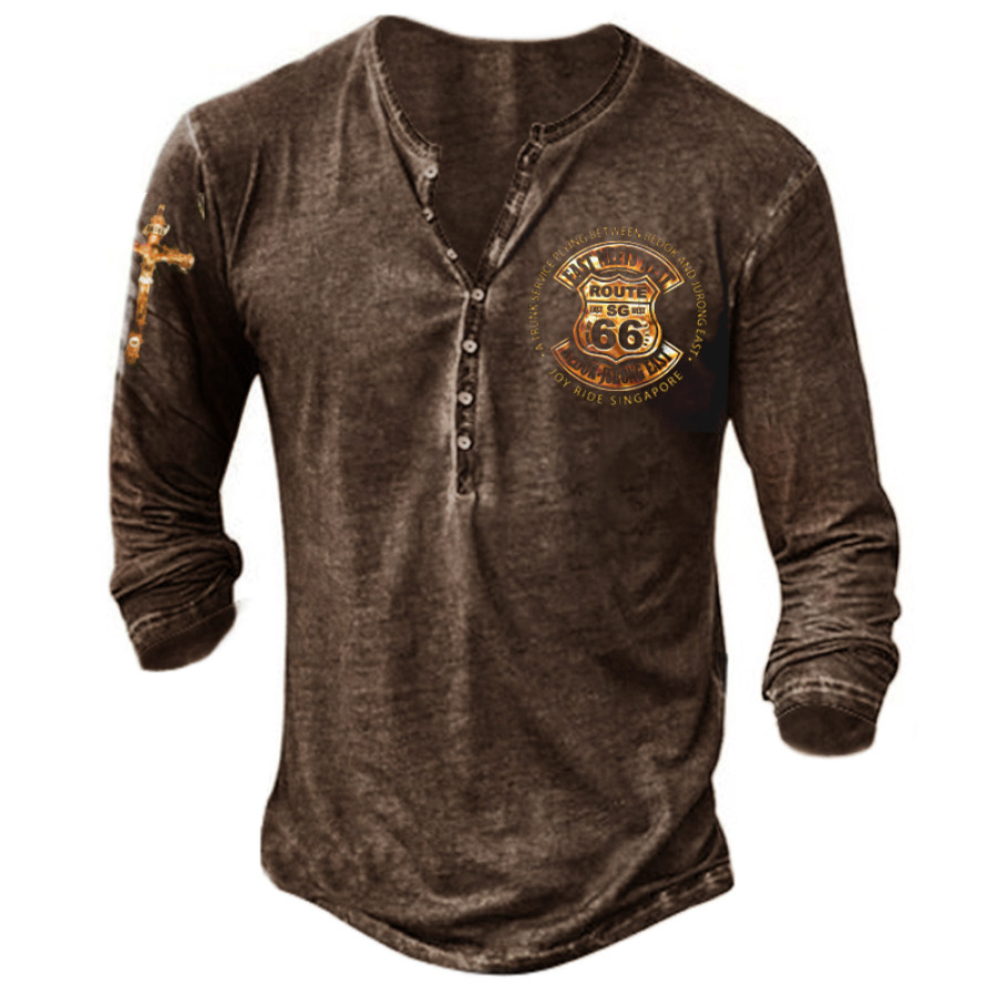 

Men's retro button printed long-sleeved T-shirt