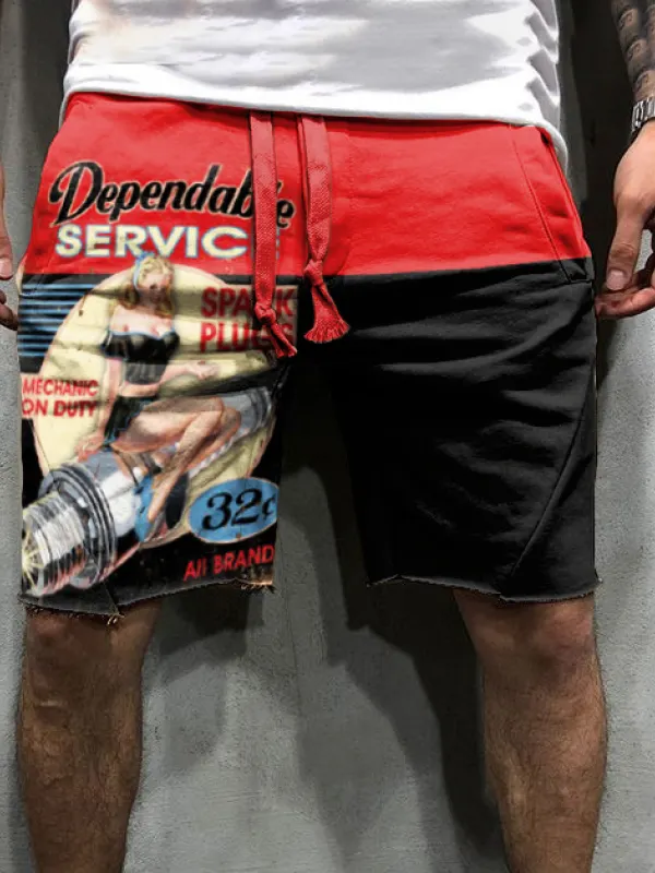 Retro service station print shorts - Oasisjoy.com 