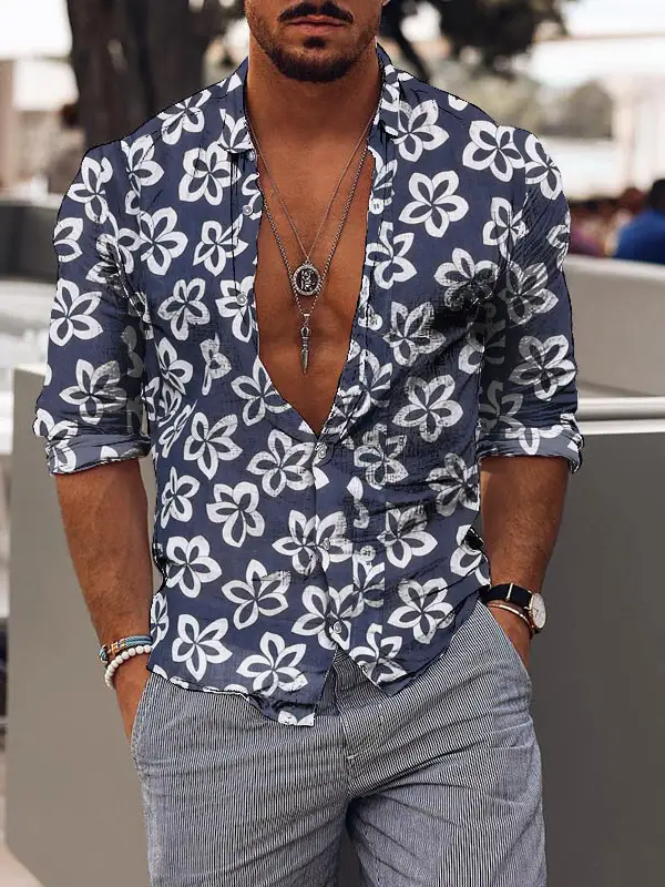 Casual holiday romantic floral print mens shirt - Oasisjoy.com 