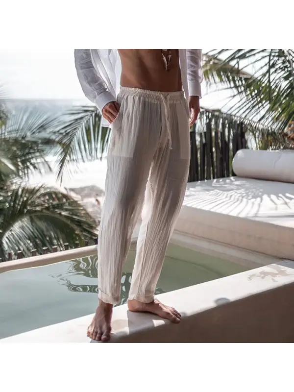 Men's Linen Plain Holiday Trousers - Timetomy.com 