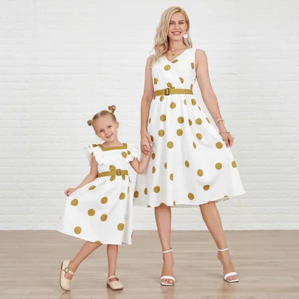 Sweet Khaki Polka Dot Print Mom Girl Matching Dress - Popopiearab.com 