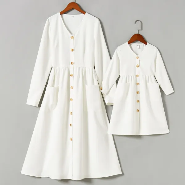 Sweet White Long Sleeve Mom Girl Matching Dress - Popopiearab.com 