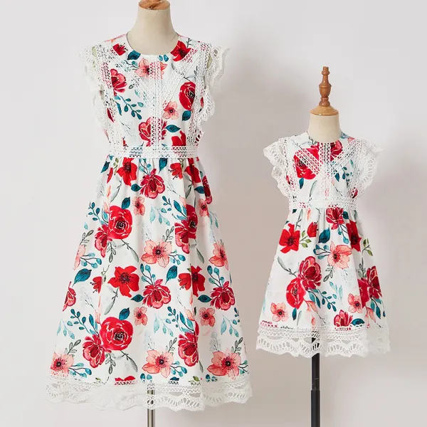 Sweet Red Flower Print Mom Girl Matching Dress - Popopiestyle.com 