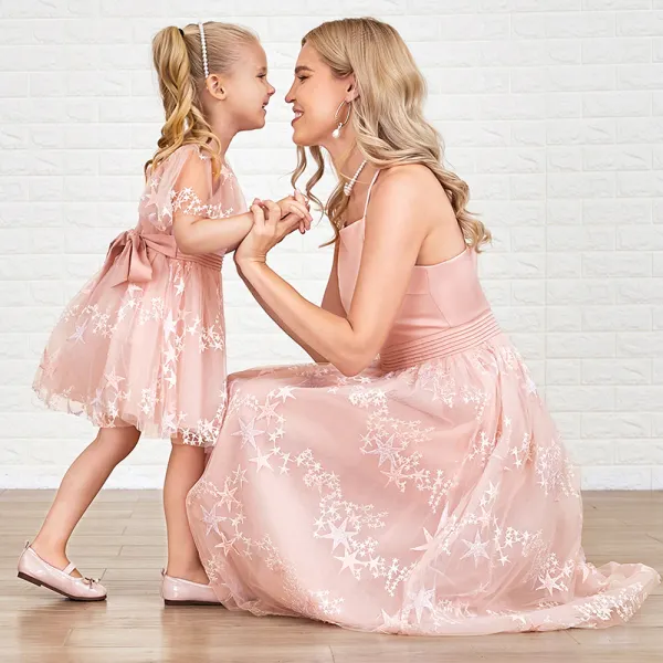 Sweet Embroidered Pink Mesh Mom Girl Matching Dress - Popopiearab.com 