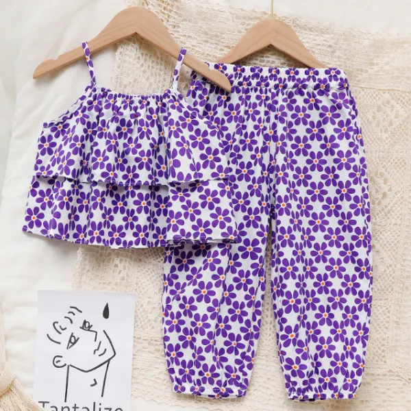 【18M-7Y】Sweet Floral Print Sling Top And Pants Sets Only $8.99 - Popopieshop.com 