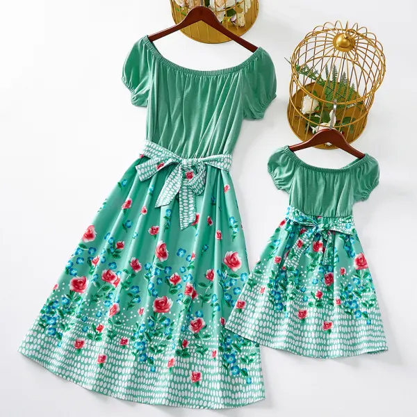 【18M-7Y/S-XXL】Sweet Floral Print Off The Shoulder Green Dress Mom Girl Matching Dress - Popopiearab.com 