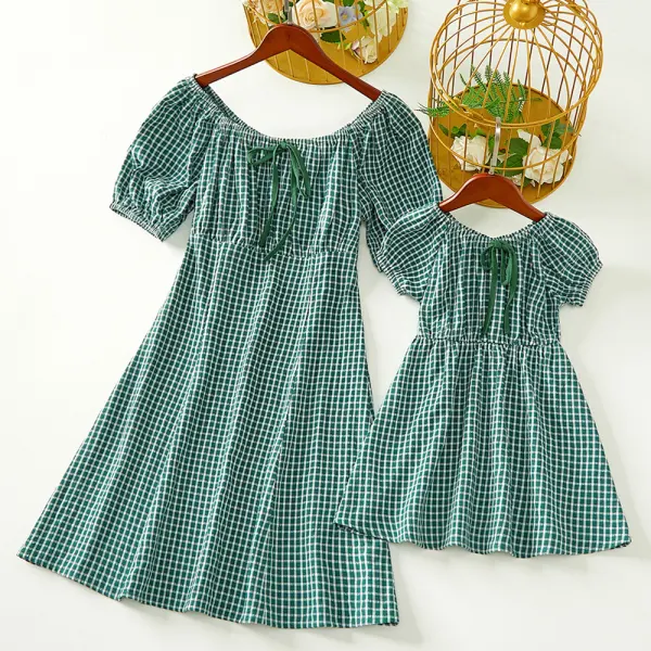 Sweet Green Plaid Puff Sleeve Mom Girl Matching Dress - Popopiestyle.com 