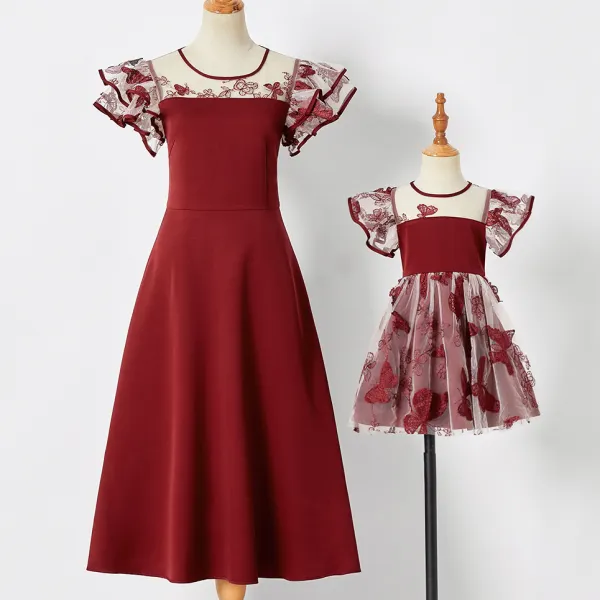 Sweet Red Butterfly Embroidered Mom Girl Matching Dress - Popopiestyle.com 