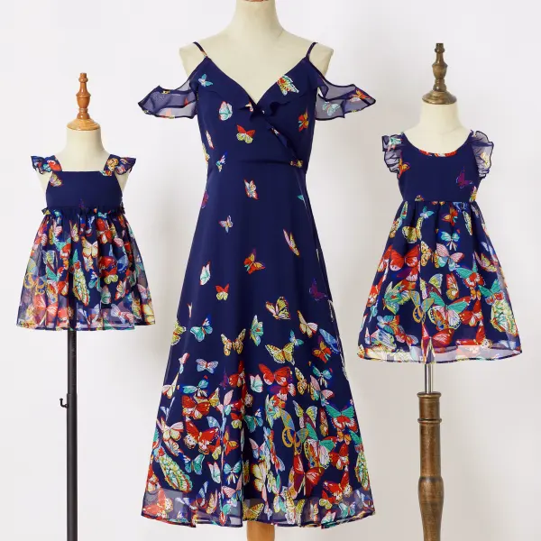 Sweet Dark Blue Butterfly Print Mom Girl Baby Matching Dress - Popopiestyle.com 