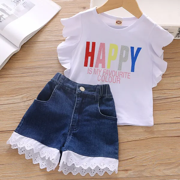 【18M-7Y】Girls Sweet Letters T-shirt Denim Shorts Set - Popopiearab.com 