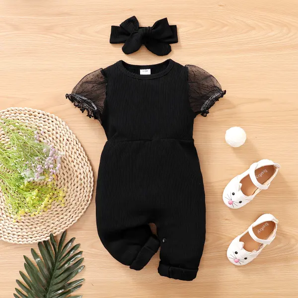 【0M-18M】Cute Puff Sleeve Solid Color Romper - Popopieshop.com 