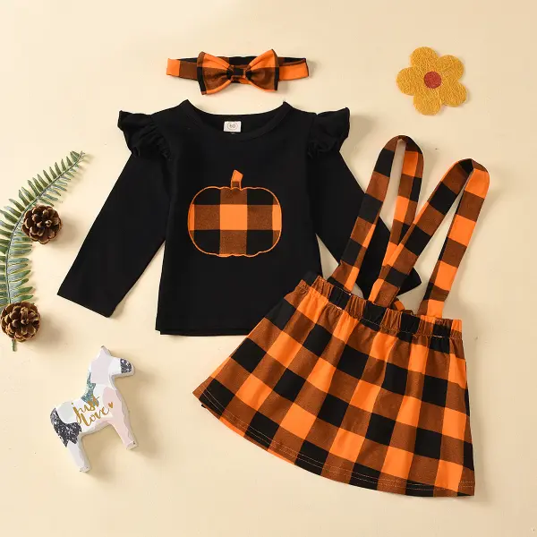 【3M-3Y】Girls Round Neck Black Blouse and Plaid Suspender Skirt Set Only $9.99 - Popopieshop.com 