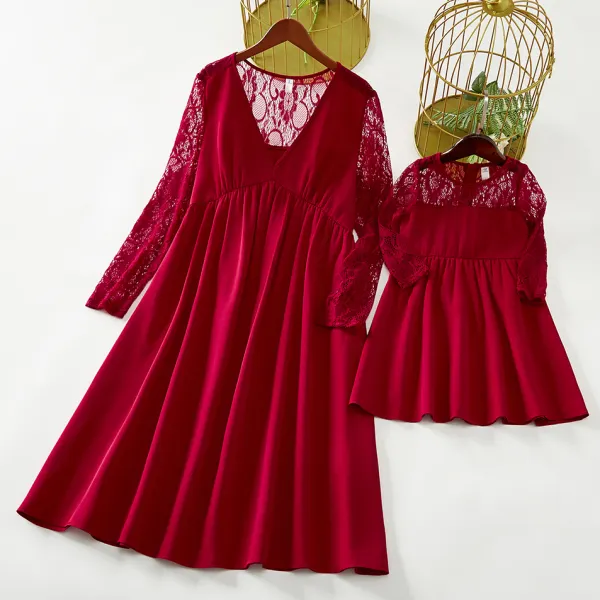 Sweet Red Lace Mom Girl Matching Dress - Popopiestyle.com 