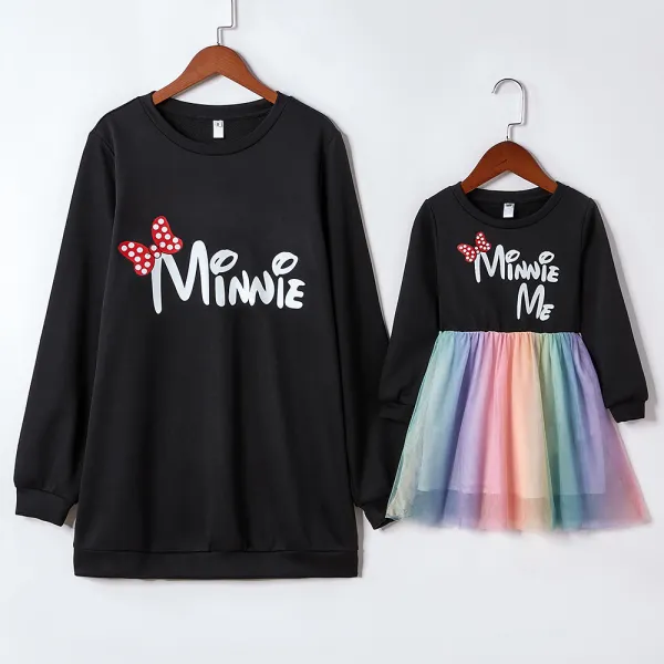 Sweet Black Letter Pattern Mom Girl Matching Sweatshirt And Dress - Popopiestyle.com 