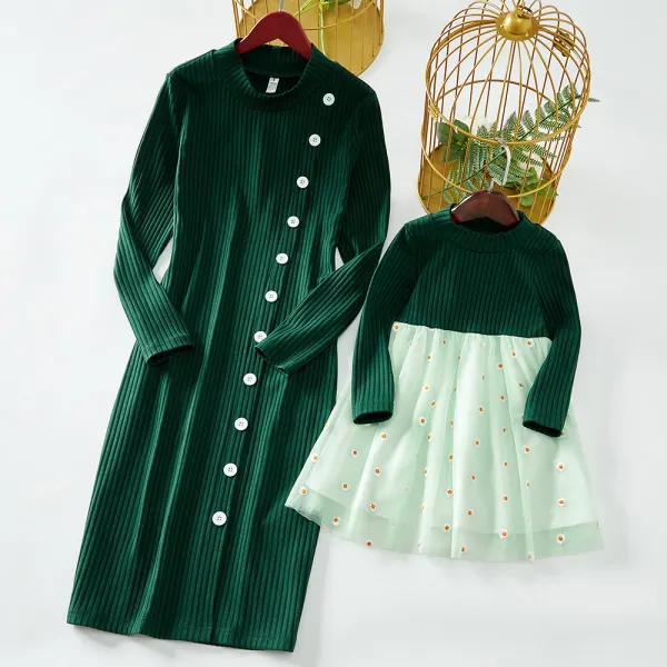 Sweet Green Long-sleeved Dress Mom Girl Matching Dress - Popopiestyle.com 