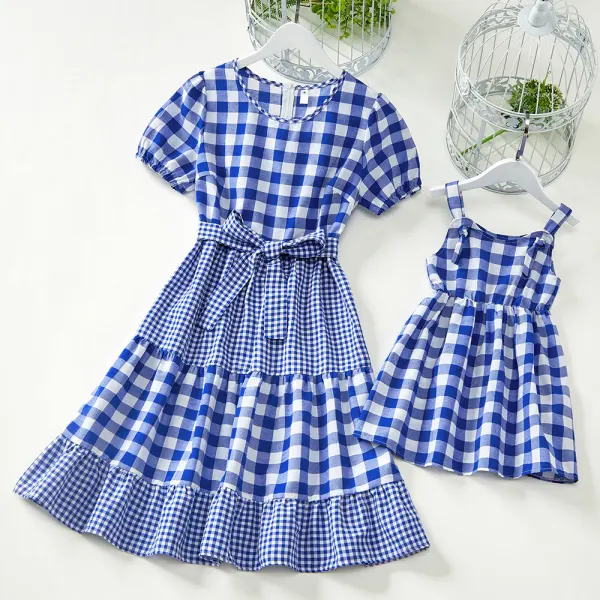 Sweet Blue Plaid Mom Girl Matching Dress - Popopiestyle.com 