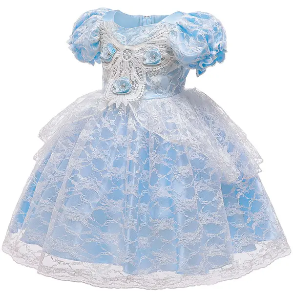 【6M-5Y】Girls Lace High Waist Puff Sleeve Princess Dress - Popopiestyle.com 