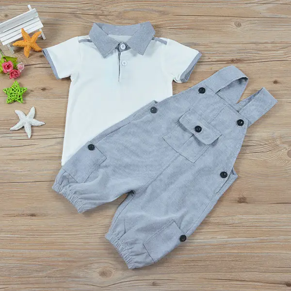 【3M-3Y】Boys Casual Lapel Short-Sleeved T-Shirt Bib Pants Set Only $14.99 - Popopiestyle.com 