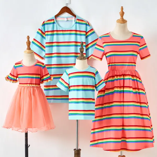 Casual Color Striped Short Sleeve Family Matching Outfits - Popopiestyle.com 