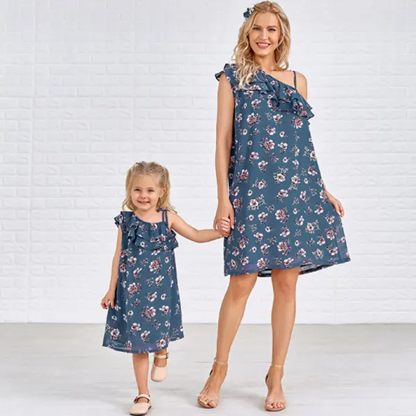 Cold Shoulder Slim Floral Print Mom Girl Matching Dress - Popopiestyle.com 