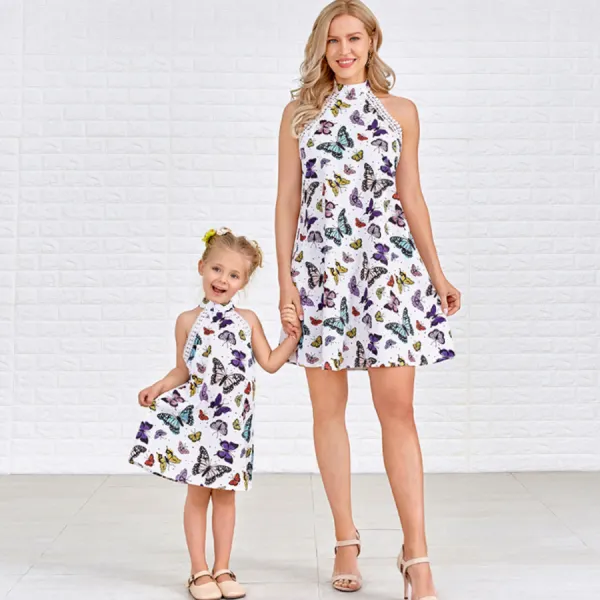 Sweet Butterfly Print Lace Backless Mom Girl Matching Dress - Popopiestyle.com 