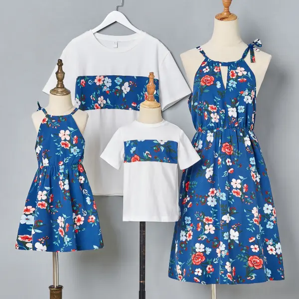 Casual Blue Flower Dress and White T-shirt Family Matching Outfits - Popopiestyle.com 