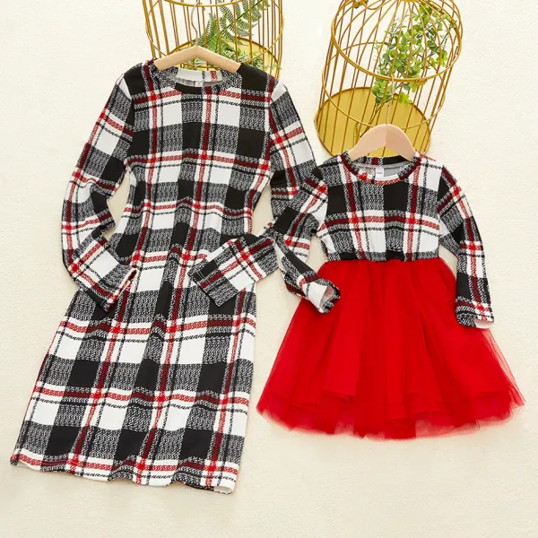 Round Neck Long Sleeve Plaid Red Mesh Knitting Mom Girl Matching Dress - Popopiestyle.com 