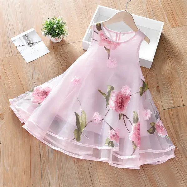 【2Y-11Y】Girls Fresh Sweet Flowers Full Print Sleeveless Mesh Dress - Popopiestyle.com 