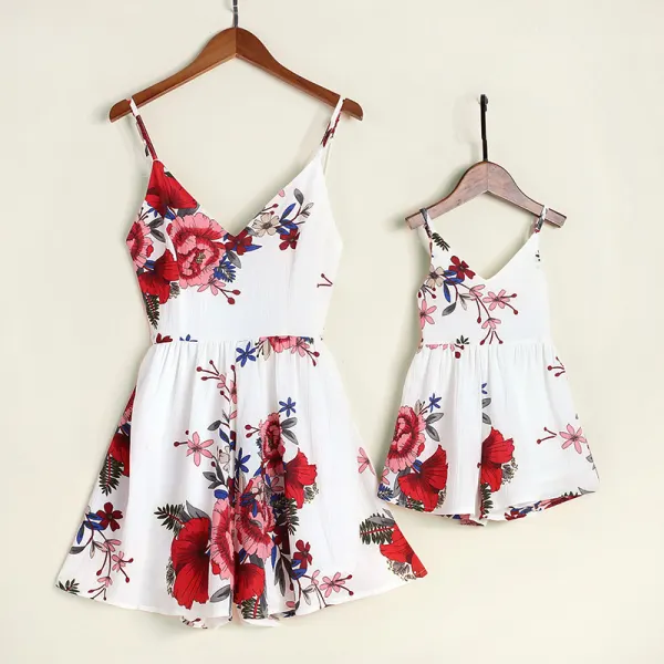 Sexy V-Neck Sling Floral Printed Mom Girl Matching Dress Only $26.99 - Popopiestyle.com 