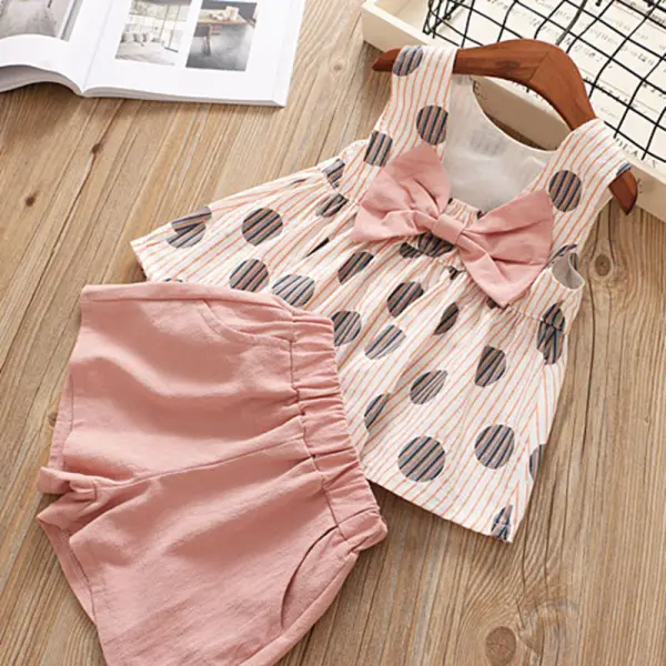 【18M-7Y】Sweet Polka Dot Print Back Bow Top and Solid Color Shorts Set - Popopiestyle.com 